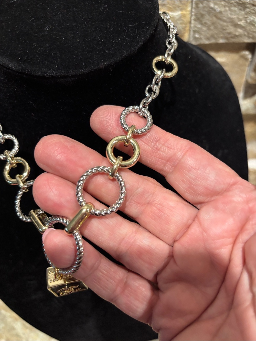 Two-Tone Interlocking Circle Necklace with CC Pendant - Gold & Silver - Picture 7 of 9